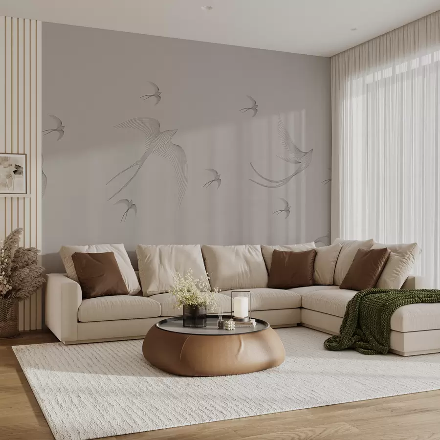 murales de pared Golondrinas lineales sobre un fondo gris-rosa w01264v2