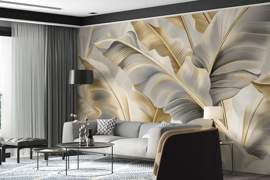 murales de pared lujosas hojas de plátano grandes en tonos gris-beige w07876