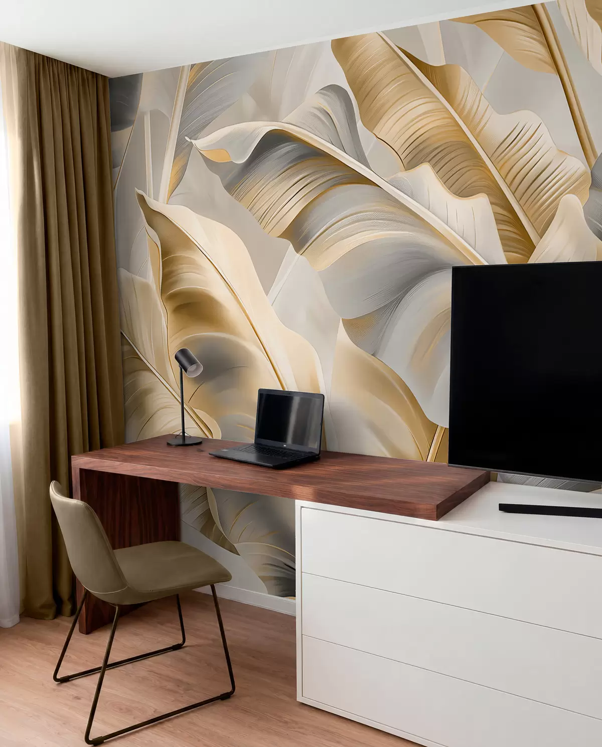 murales de pared lujosas hojas de plátano grandes en tonos gris-beige w07876