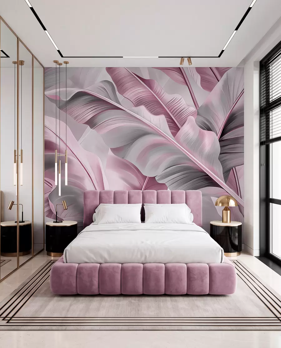 murales de pared lujosas hojas de plátano grandes en tonos grises rosados w07876v2