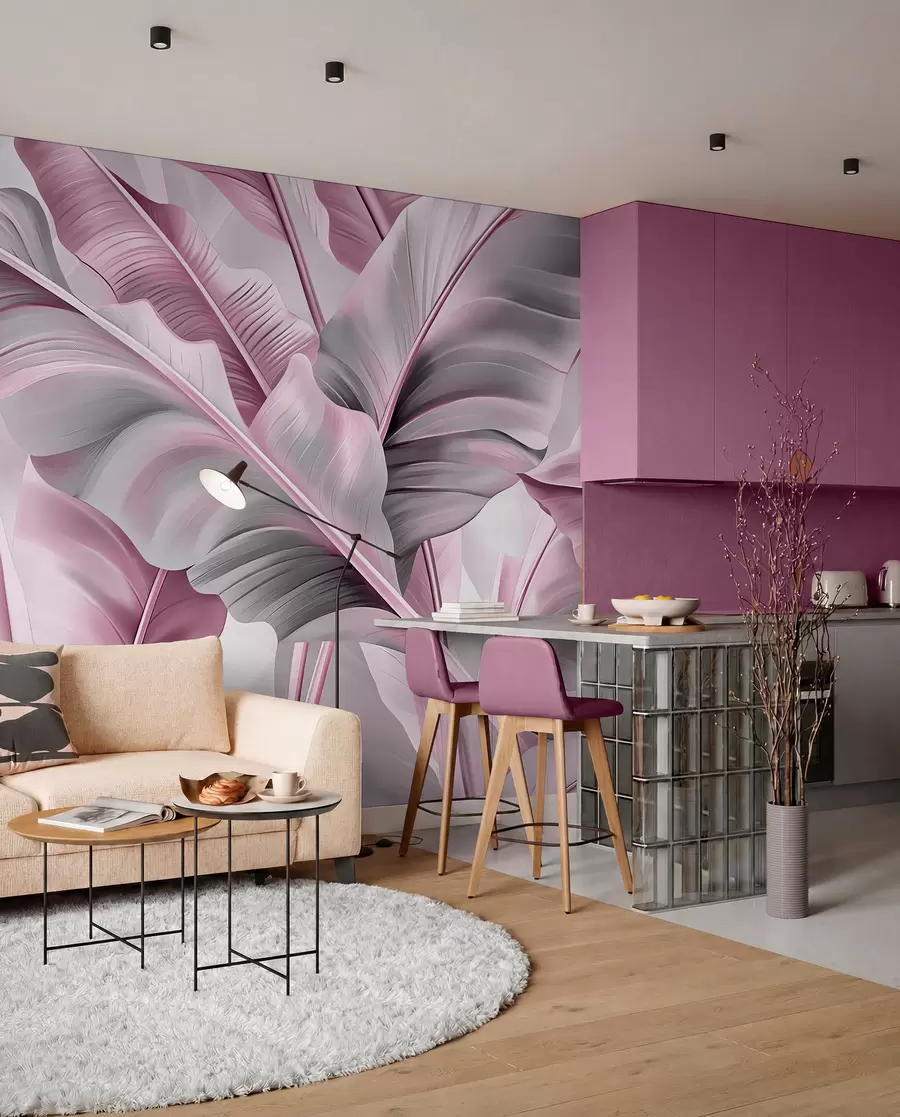 murales de pared lujosas hojas de plátano grandes en tonos grises rosados w07876v2