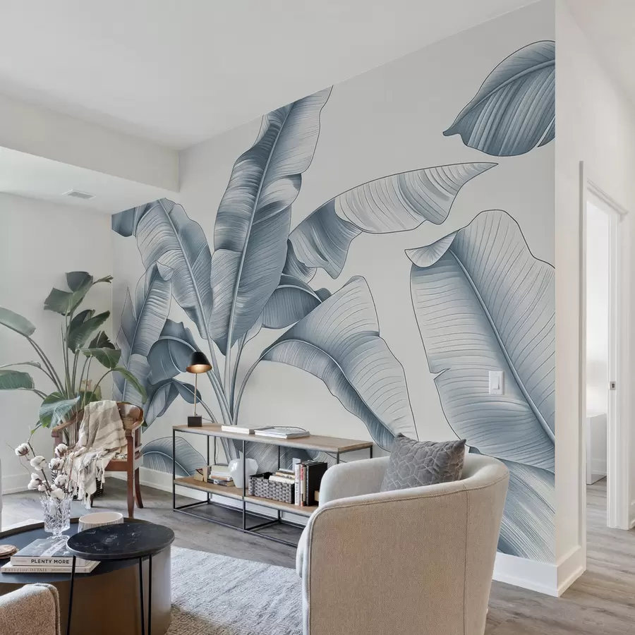 murales de pared dibujadas grandes hojas de plátano en tonos azules w07877v2