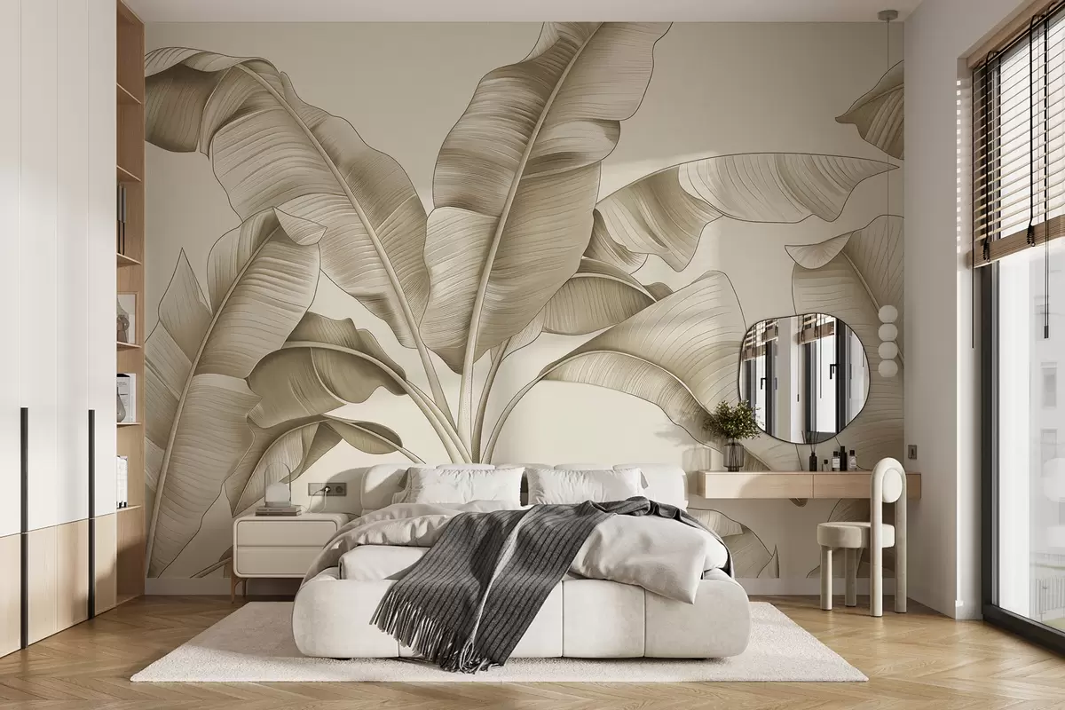 murales de pared dibujadas grandes hojas de plátano en color beige w07877v3