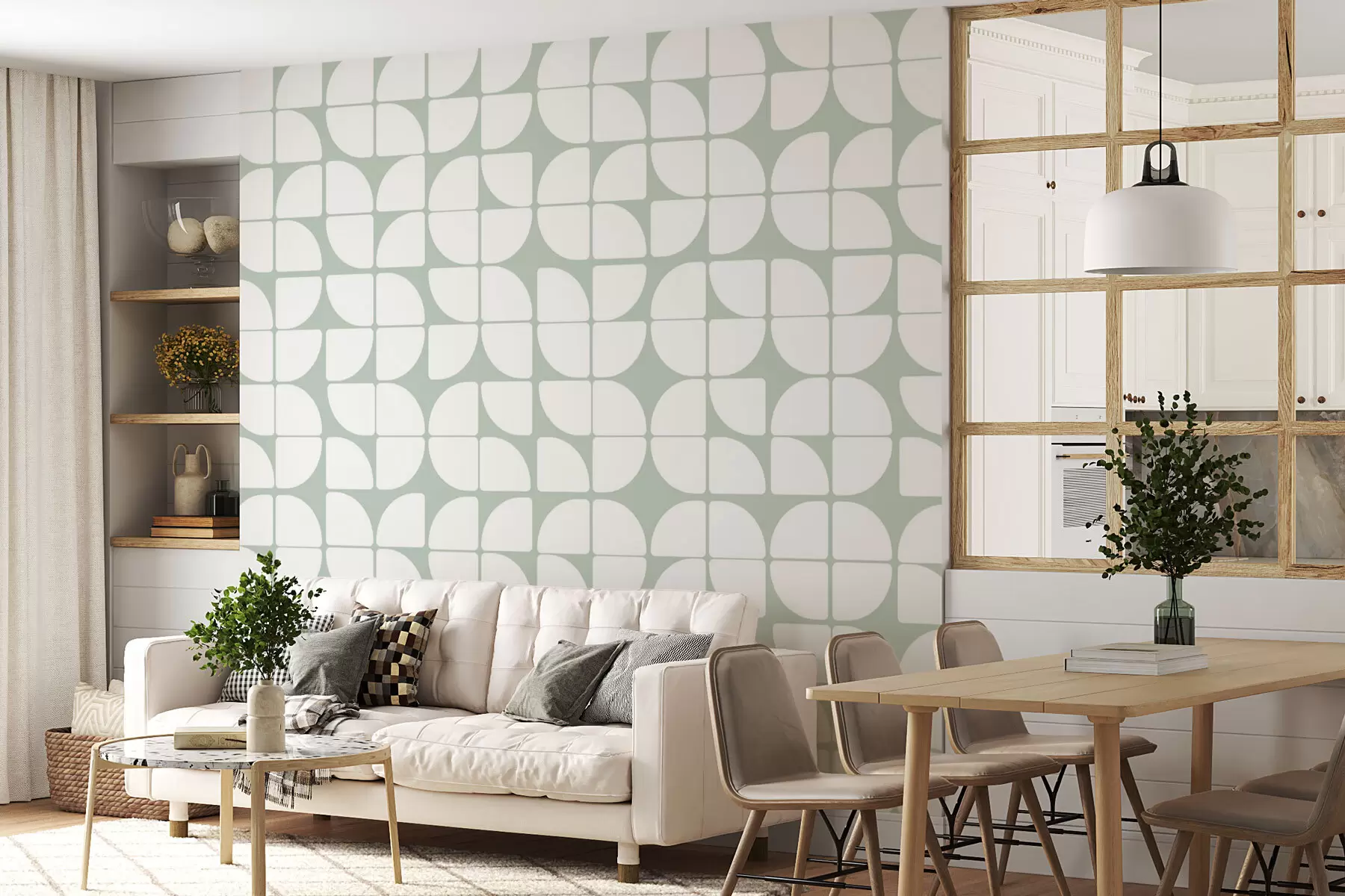 murales de pared Papel pintado geométrico estilo bauhaus tendencia retro en color verde oscuro w07907v2