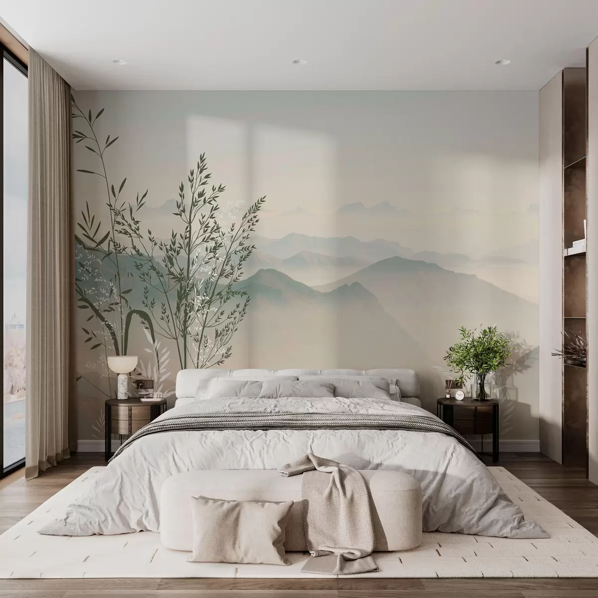 murales de pared Vista a la montaña con plantas y flores. w07910v1