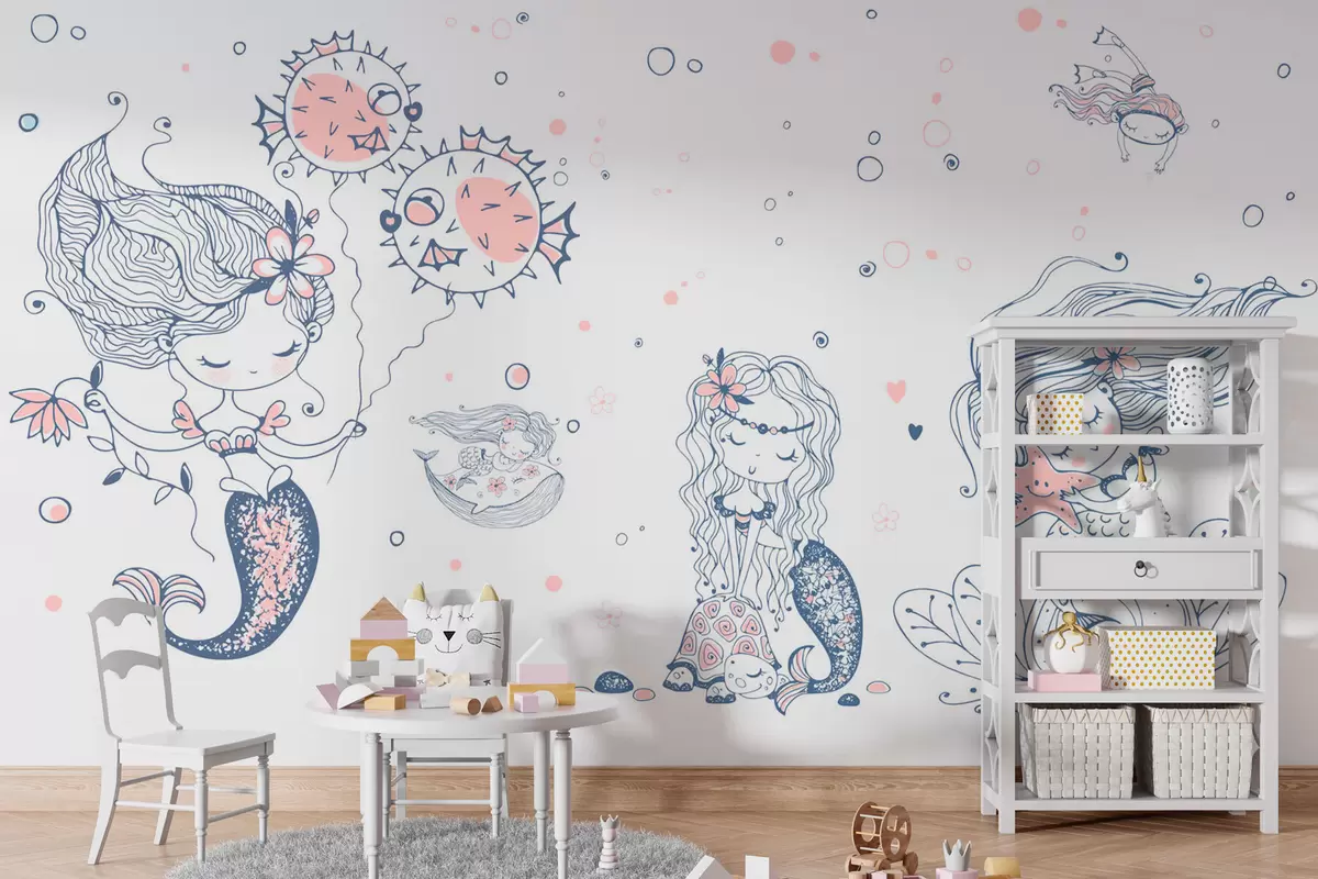 murales de pared Lindas sirenas estilo escandinavo para niñas. w07916