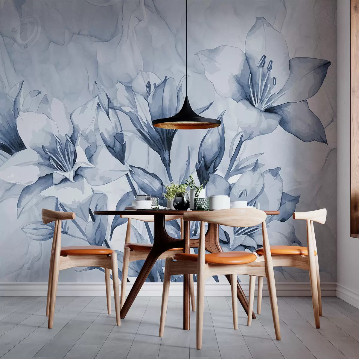 murales de pared Flores azules sobre fondo azul. w07897