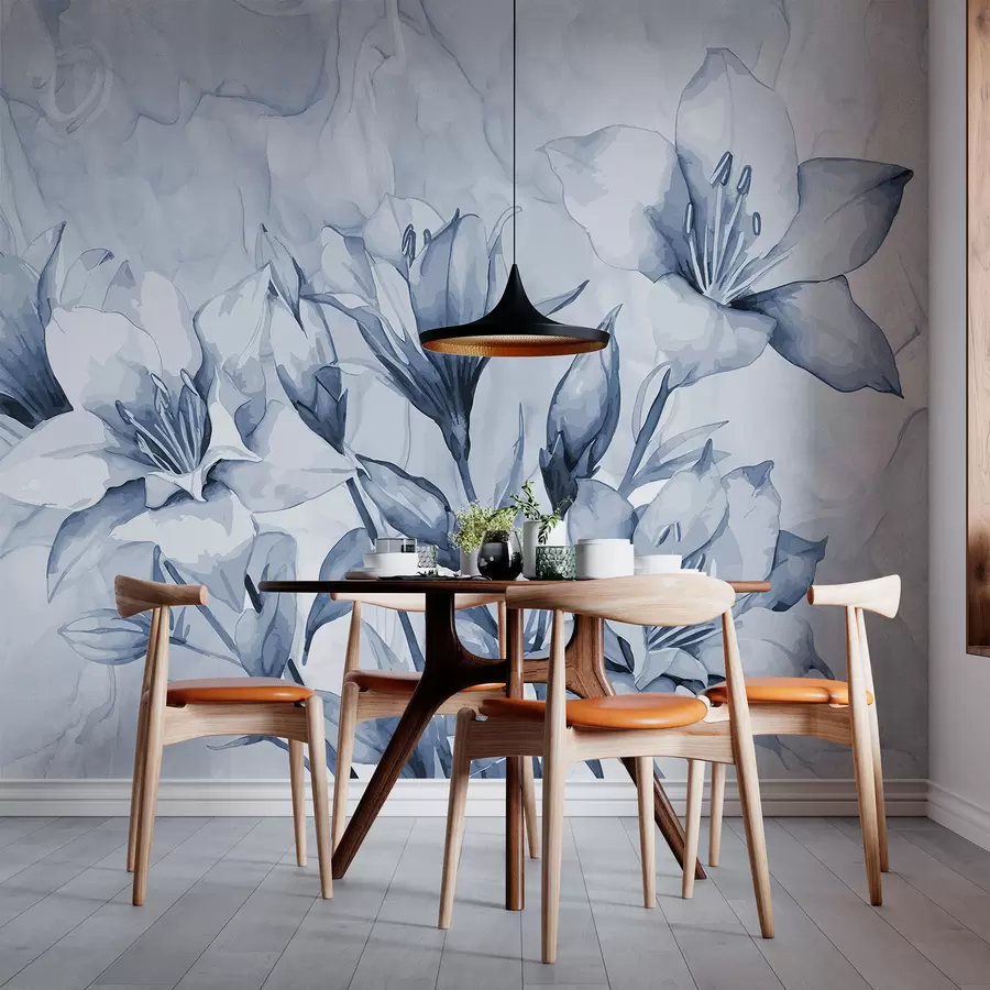 murales de pared Flores azules sobre fondo azul. w07897