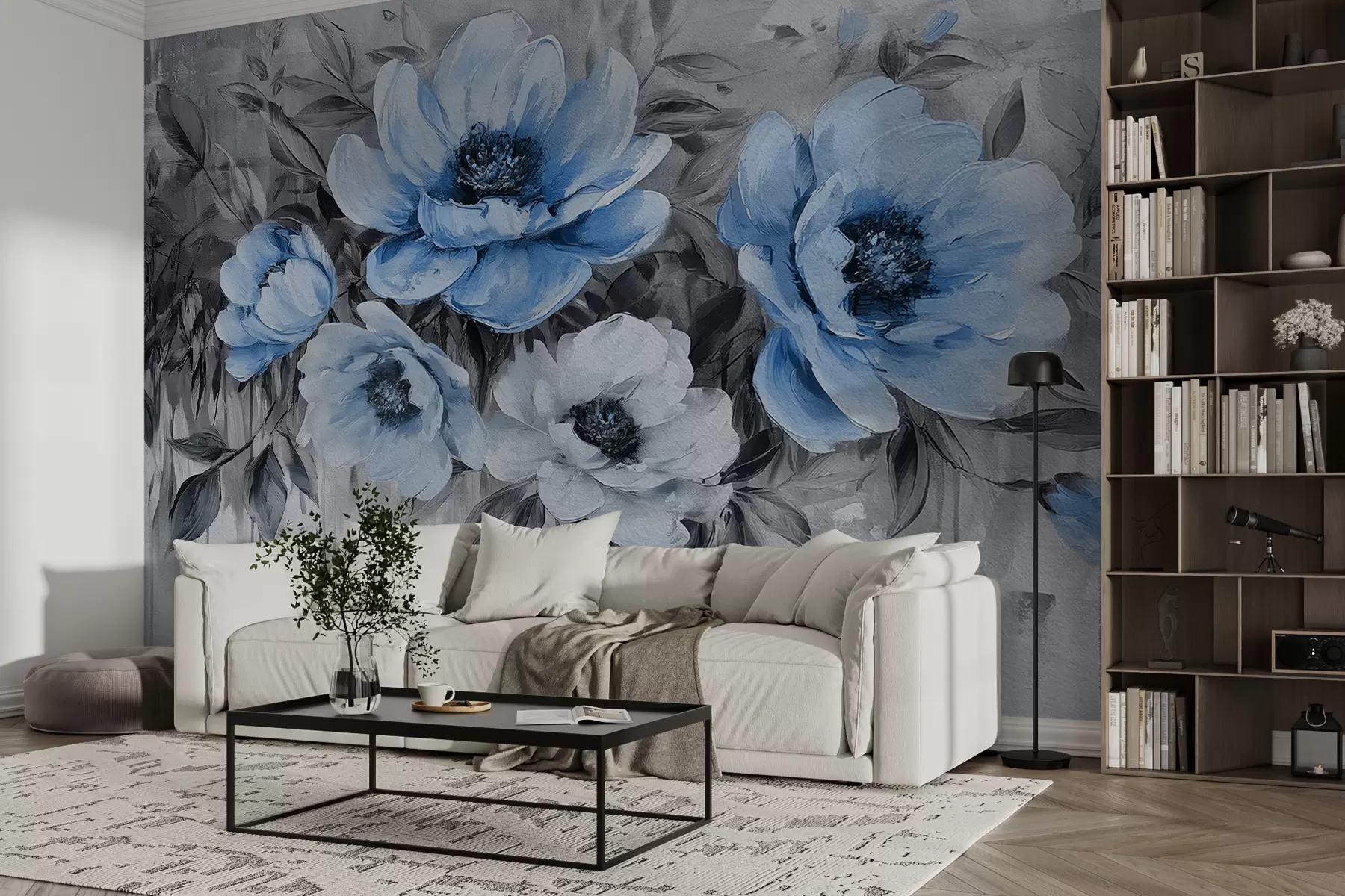 murales de pared peonías florales abstractas acuarela azul suave y gris w07948v1