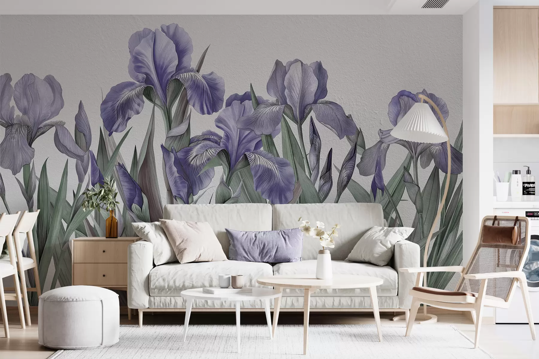 murales de pared Grandes lirios morados pintados sobre un muro de hormigón blanco w07949v2