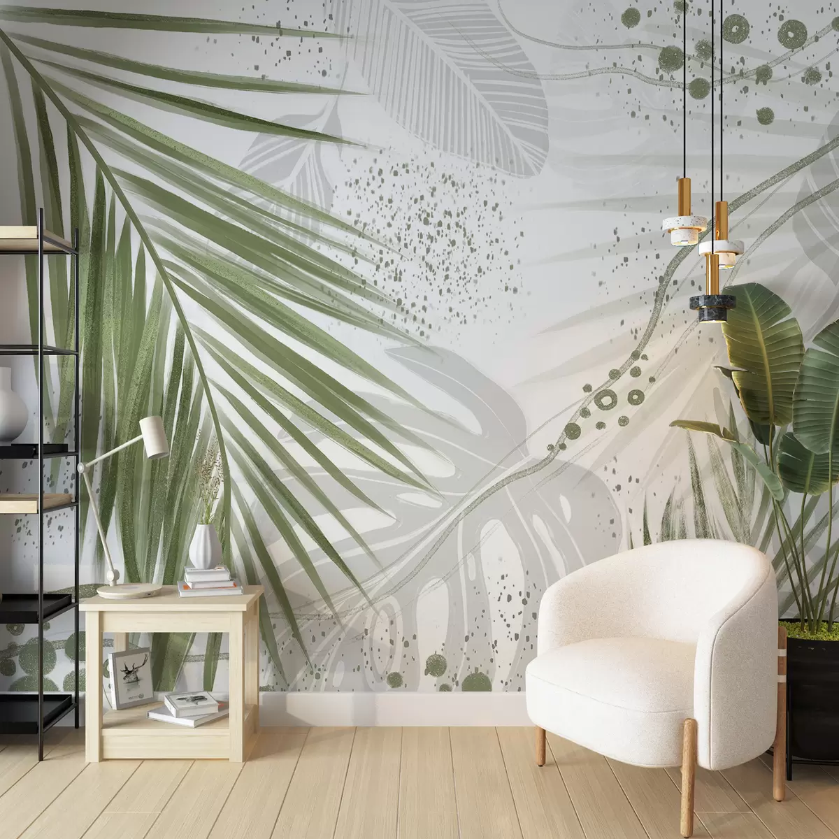 murales de pared Hojas y frondas de palmeras verdes tropicales, con formas abstractas y salpicaduras en tonos verdes y blancos. w07918