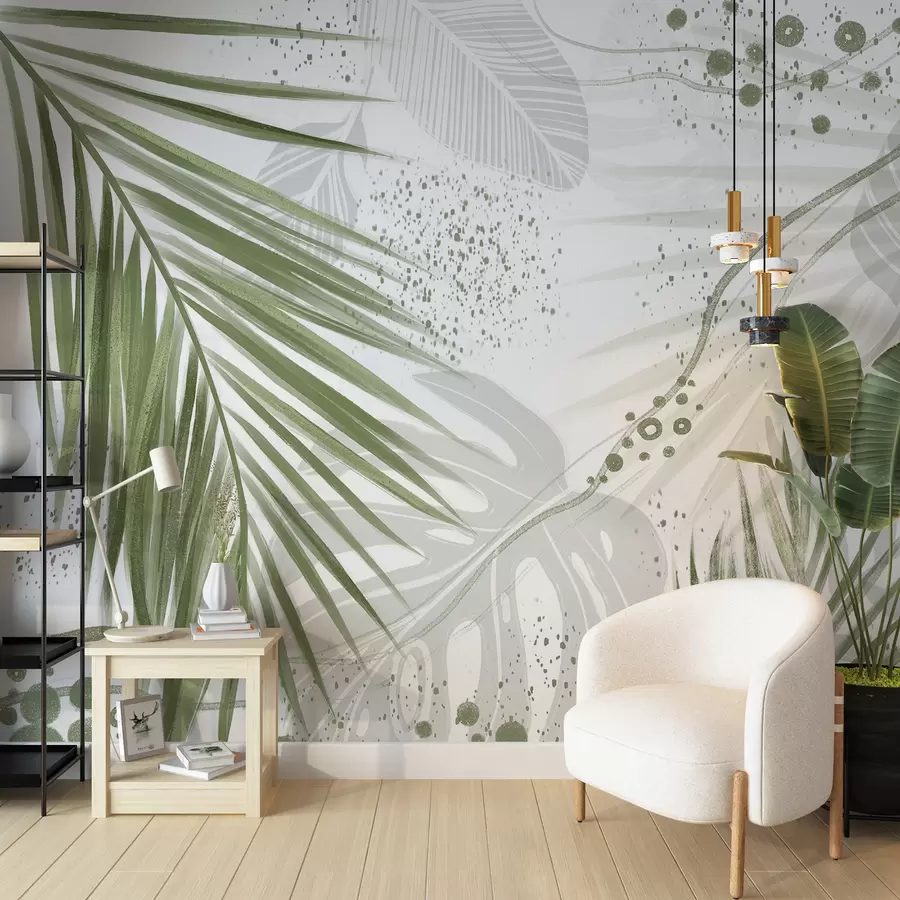 murales de pared Hojas y frondas de palmeras verdes tropicales, con formas abstractas y salpicaduras en tonos verdes y blancos. w07918