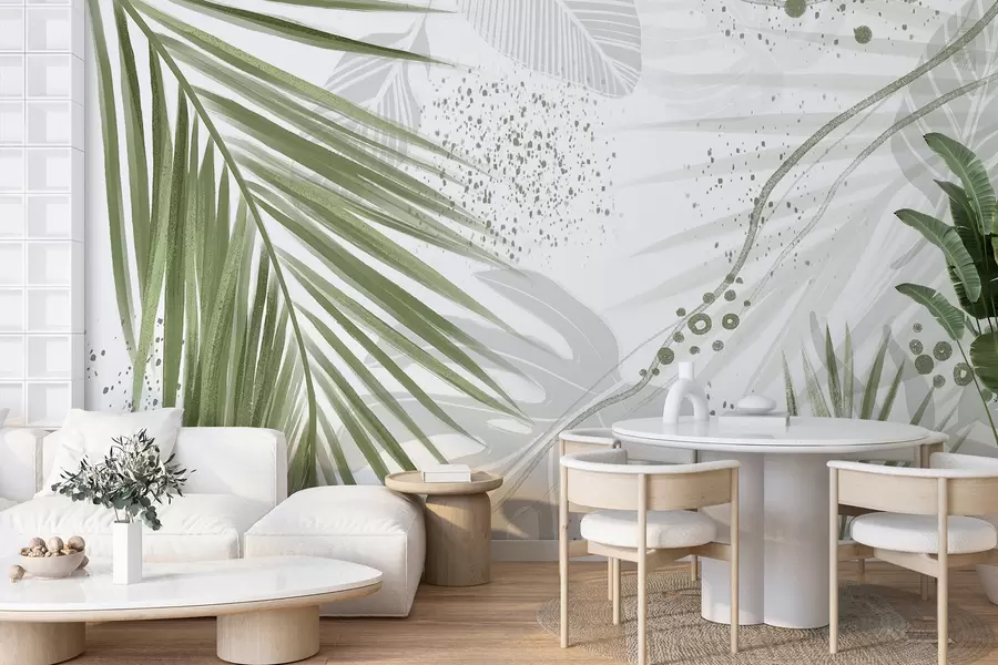 murales de pared Hojas y frondas de palmeras verdes tropicales, con formas abstractas y salpicaduras en tonos verdes y blancos w07918