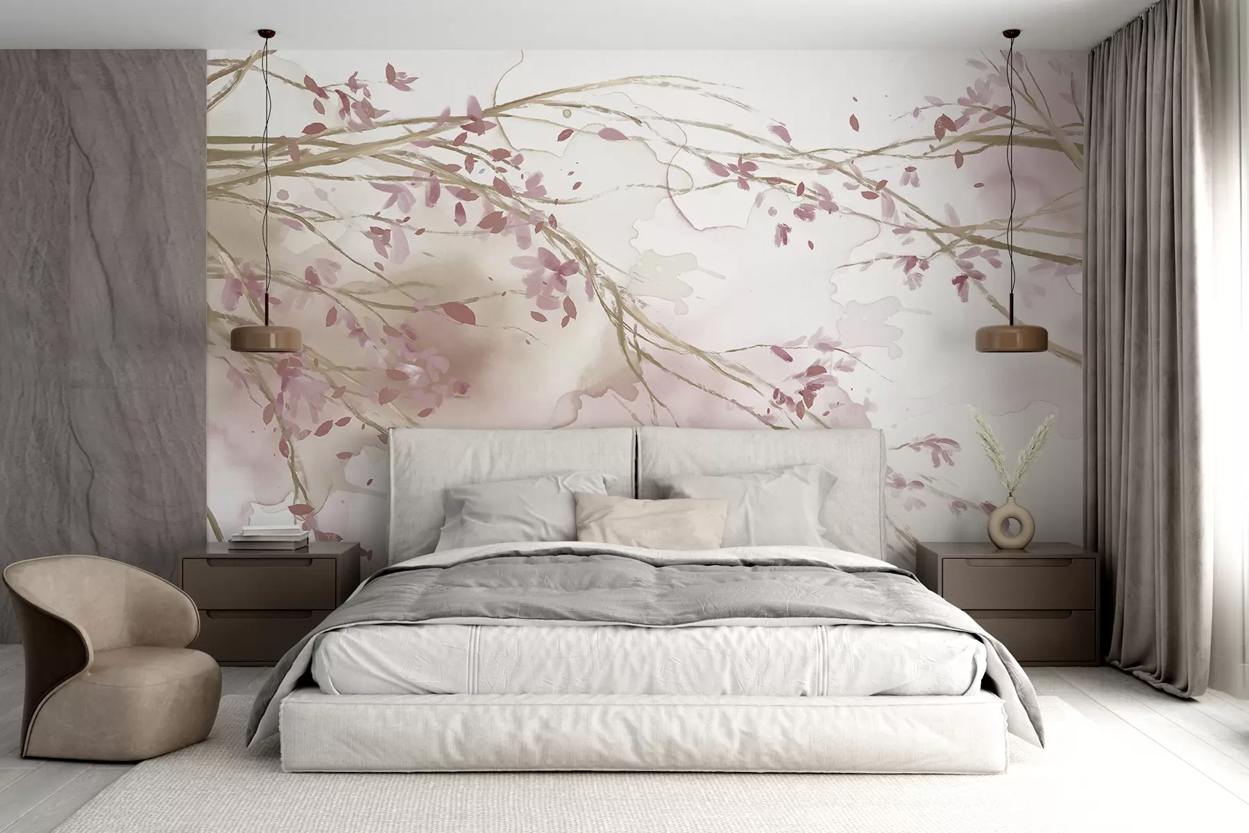 murales de pared Delicadas ramas florales rosas y blancas con fondo de acuarela suave y borroso w07919v1
