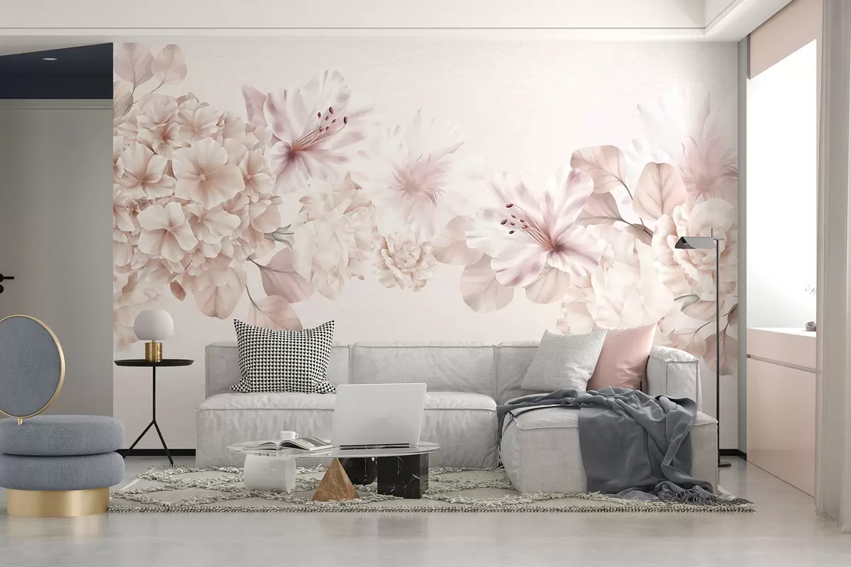 murales de pared Arreglo floral rosa suave y blanco, con delicados pétalos y flores sobre un fondo claro w07923