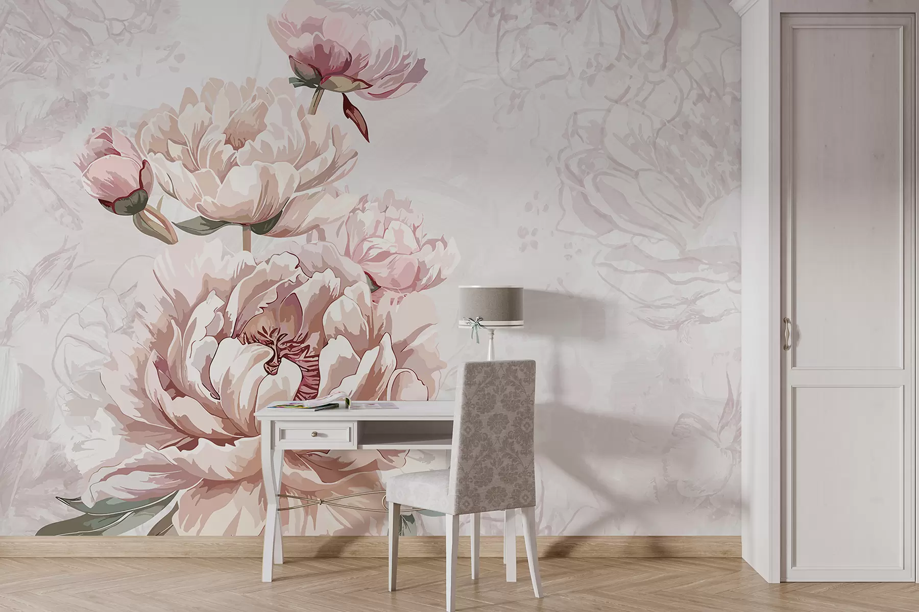 murales de pared Delicadas peonías rosadas con pétalos suaves sobre un fondo claro, creando una elegante composición floral w07925