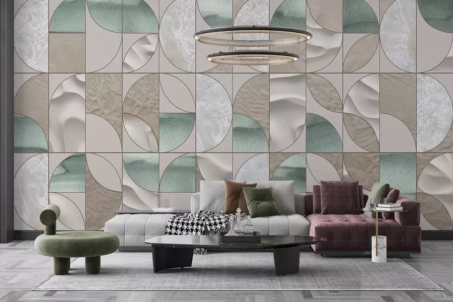 murales de pared Un patrón geométrico de texturas verdes, beige y blancas dispuestas en un diseño abstracto repetitivo w07928