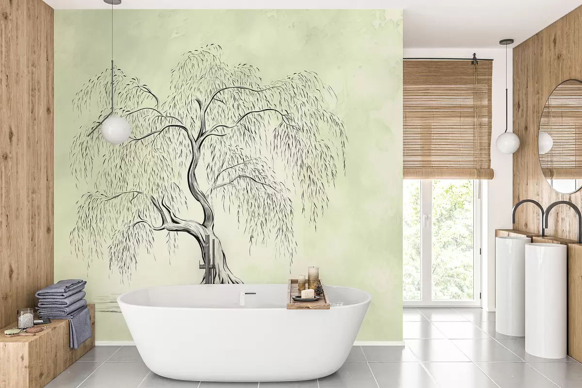 murales de pared Sauce sobre fondo de acuarela gris verde w07969v1