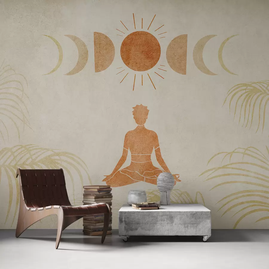 murales de pared Una niña sentada en posición de loto bajo las fases de la luna entre hojas de palma, textura, color naranja, yoga w07970