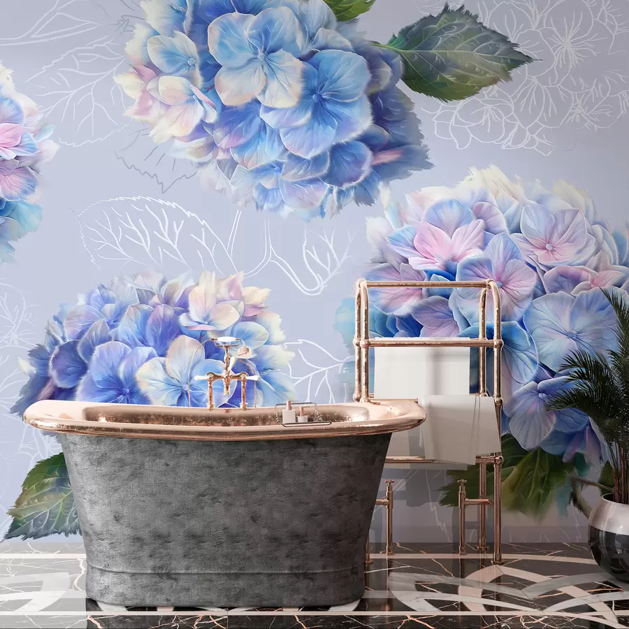 murales de pared Hortensias, dibujo acrílico, arte lineal, botánico, colores violetas. w07942v5