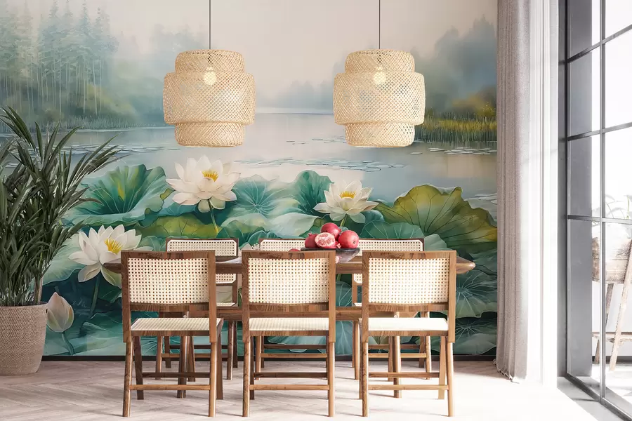 murales de pared Nenúfares, lago del bosque, dibujo acrílico, naturaleza, colores verde y blanco. w07957