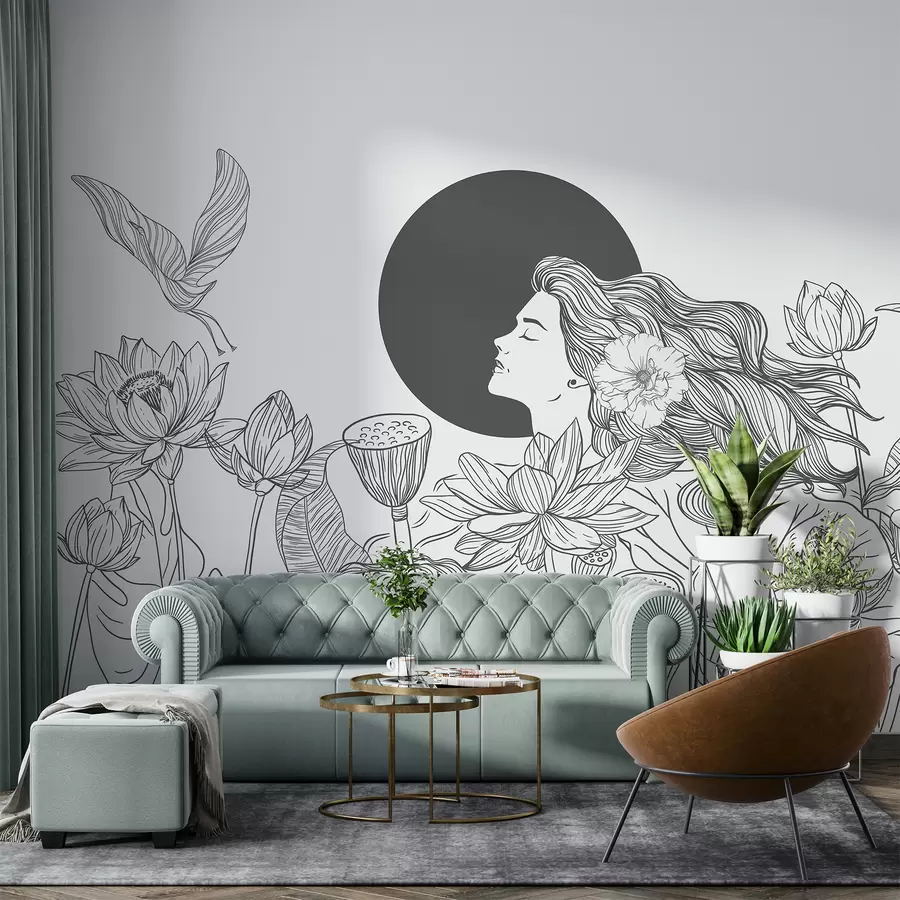 murales de pared Mujer en la naturaleza, dibujo lineal, flores de loto, hojas grandes, pájaros voladores, color gris w07988v2