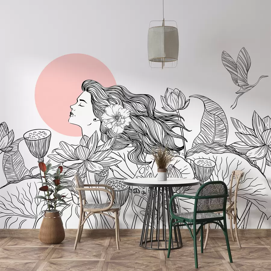 murales de pared Mujer en la naturaleza, dibujo lineal, flores de loto, hojas grandes, pájaros voladores, color negro y rosa w07988v5