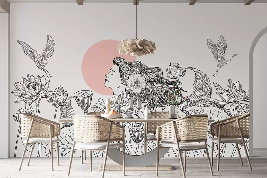 murales de pared Mujer en la naturaleza, dibujo lineal, flores de loto, hojas grandes, pájaros voladores, color negro y rosa w07988v5