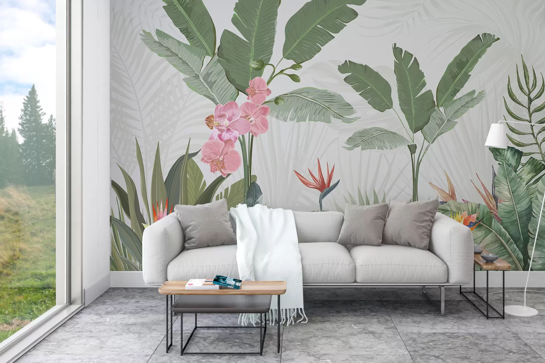 murales de pared Selva tropical con hojas y flores. w00658