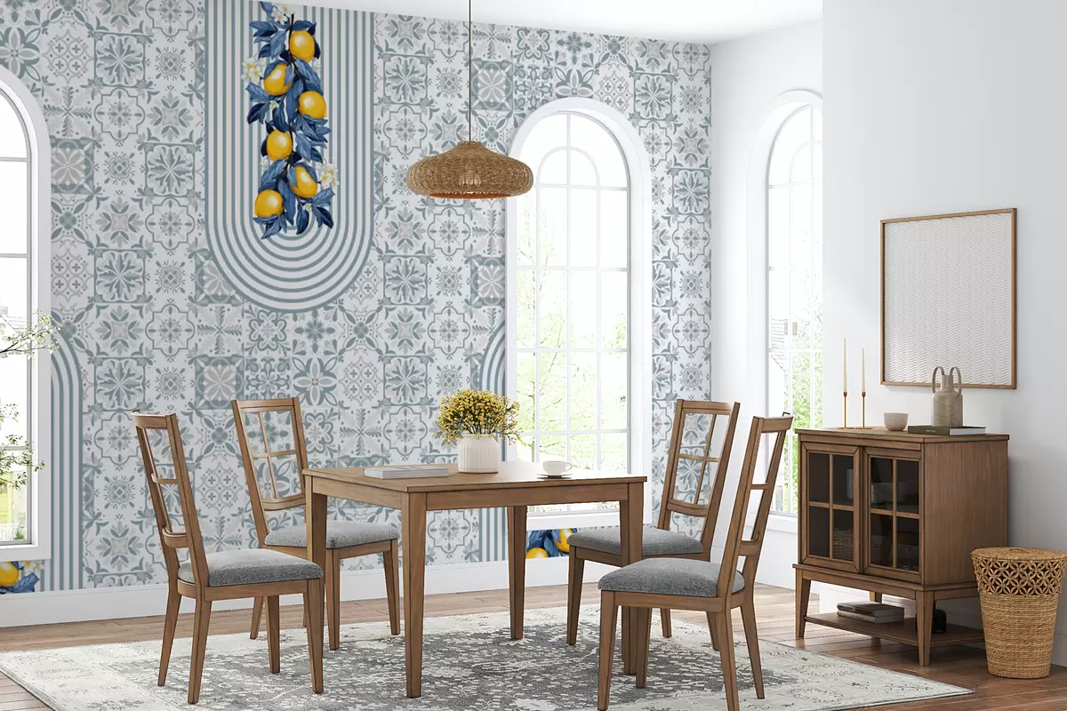 murales de pared patrón siciliano, estampado azul con limones. Patrón de azulejos de cerámica azul italiano. Cerámica de porcelana mediterránea. Adornos folklóricos étnicos w08034