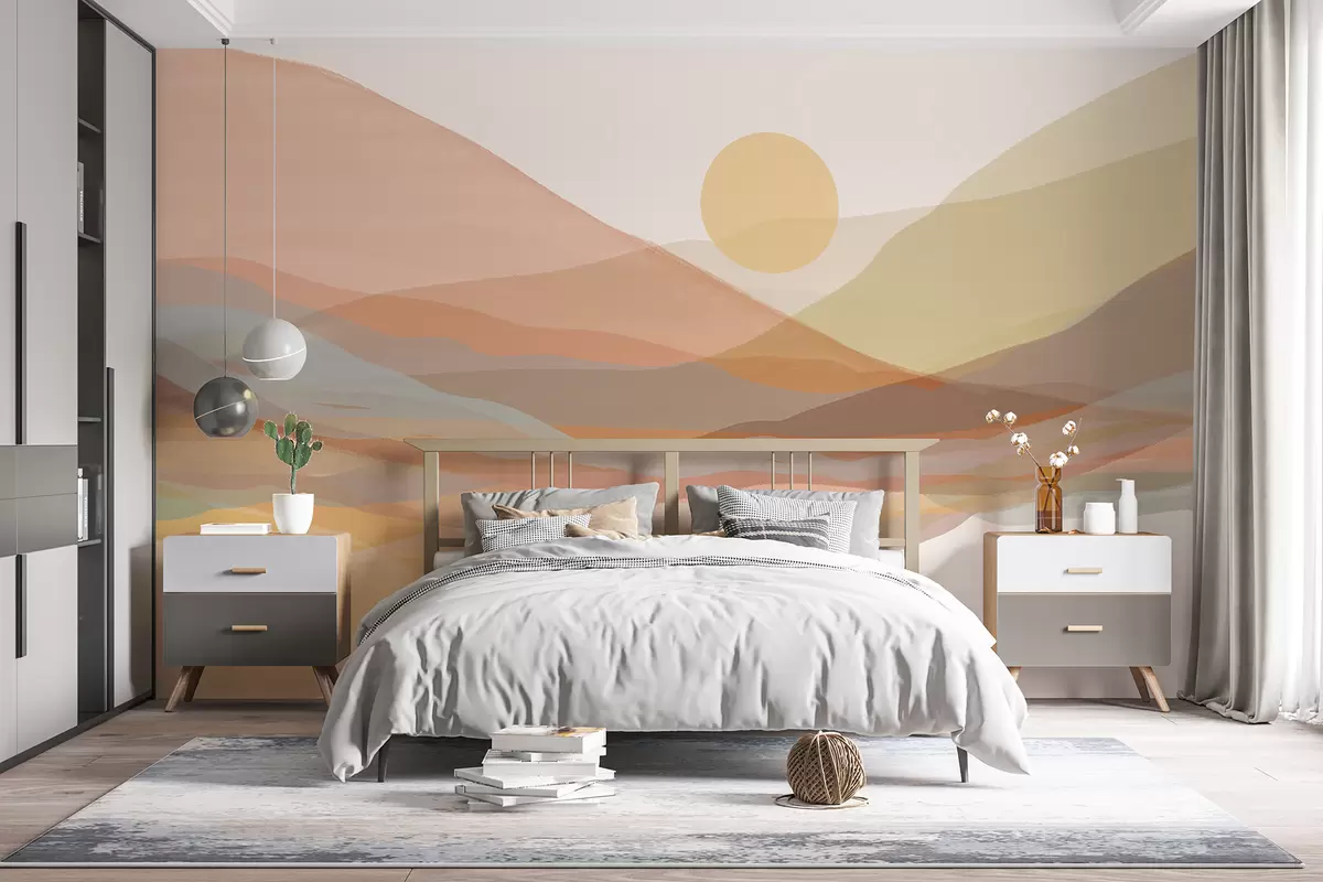 murales de pared Paisaje montañoso con un cálido sol en el cielo, colinas en tonos naranja, amarillo y marrón. w07976