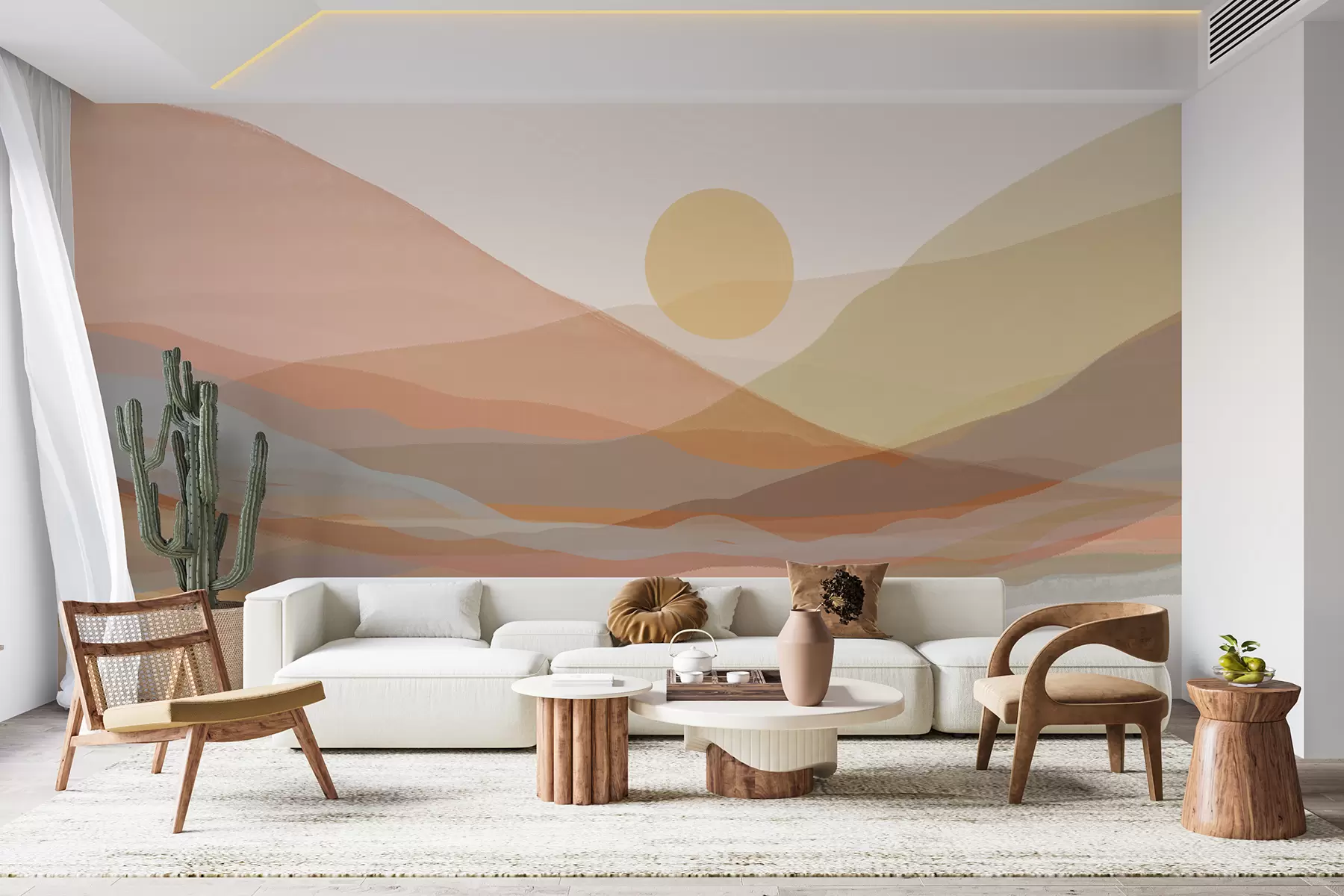 murales de pared Paisaje montañoso con un cálido sol en el cielo, colinas en tonos naranja, amarillo y marrón. w07976