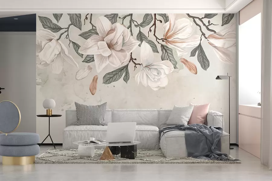 murales de pared Delicadas flores de magnolia rosa y blanca con hojas verdes sobre un fondo claro, una composición floral suave w07977