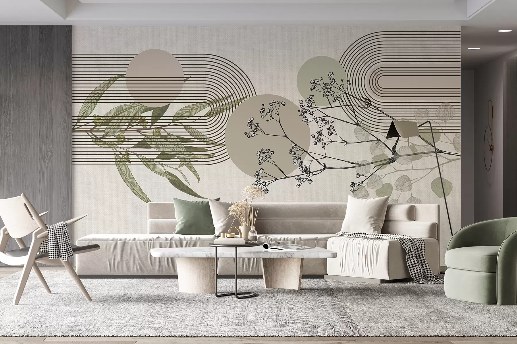 murales de pared Una abstracción minimalista con formas orgánicas, ramas de árboles estilizadas o plantas con delicados detalles florales. w07979