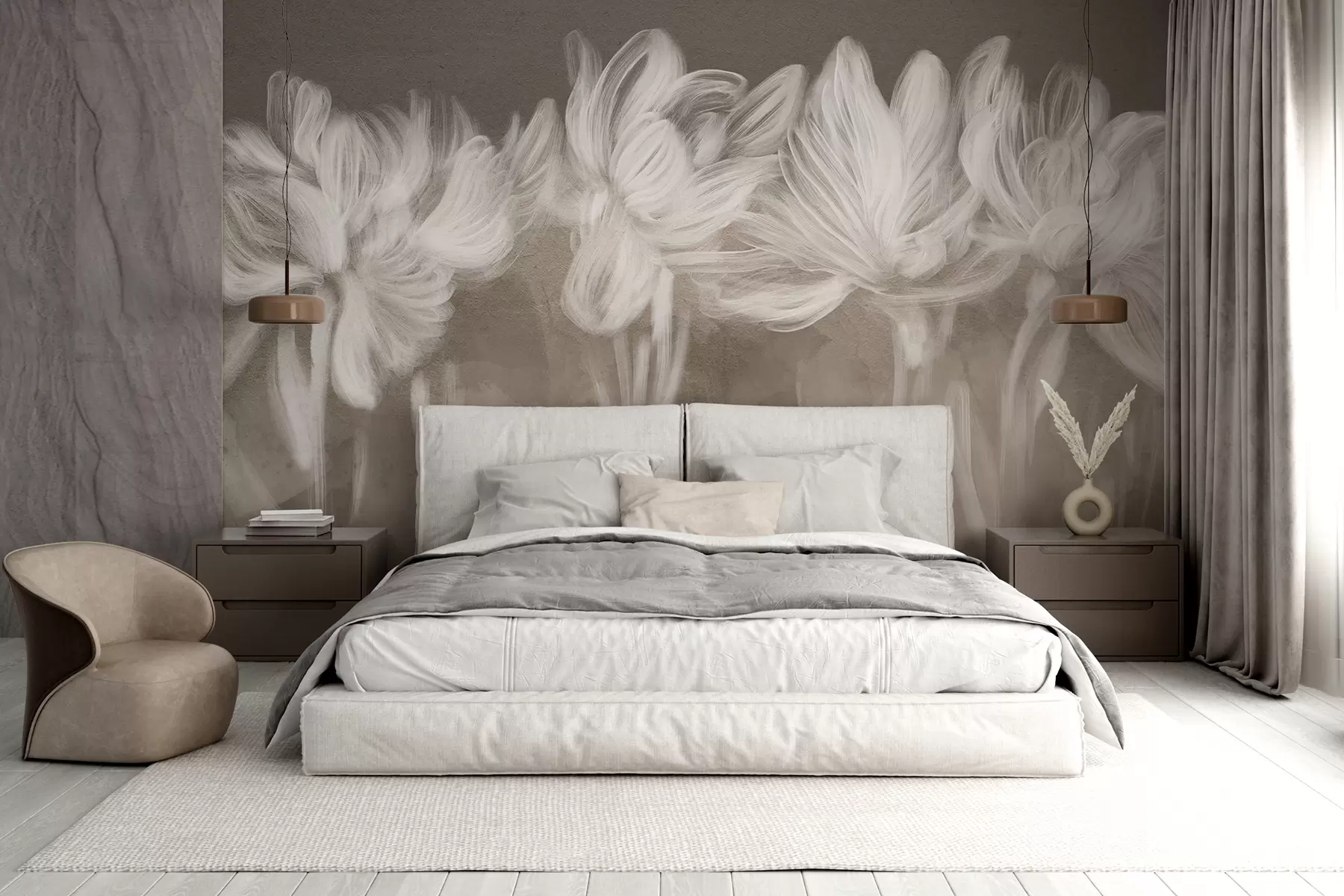 murales de pared Suave minimalismo siluetas florales blancas transparentes sobre fondo de textura marrón  w07986