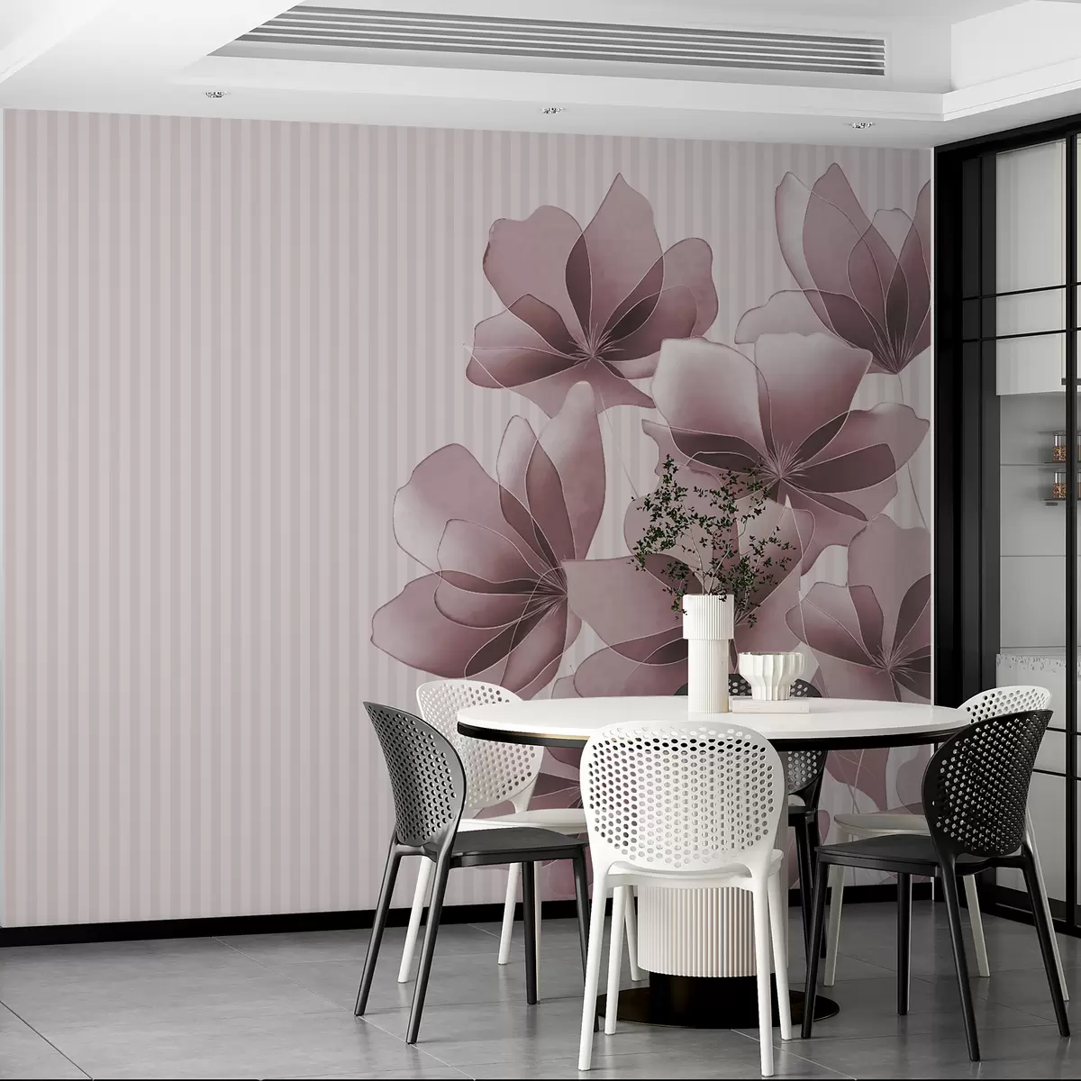 murales de pared delicadas flores rosadas sobre un fondo rayado w08040v1