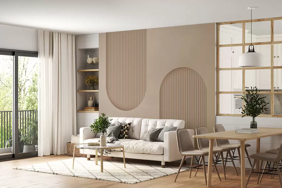 murales de pared Papel pintado texturizado Art Déco en cálidos tonos beige. Imitación de arcos volumétricos.    w08048