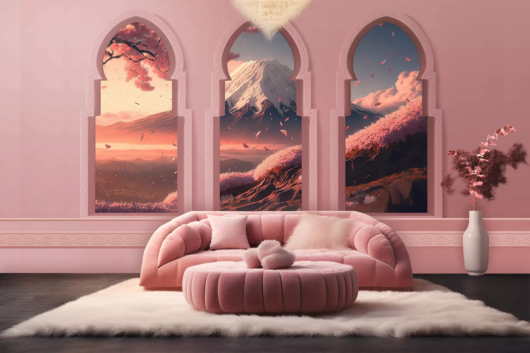 murales de pared Grandes ventanales de estilo oriental con impresionantes vistas del Monte Fuji en suave color melocotón w08082