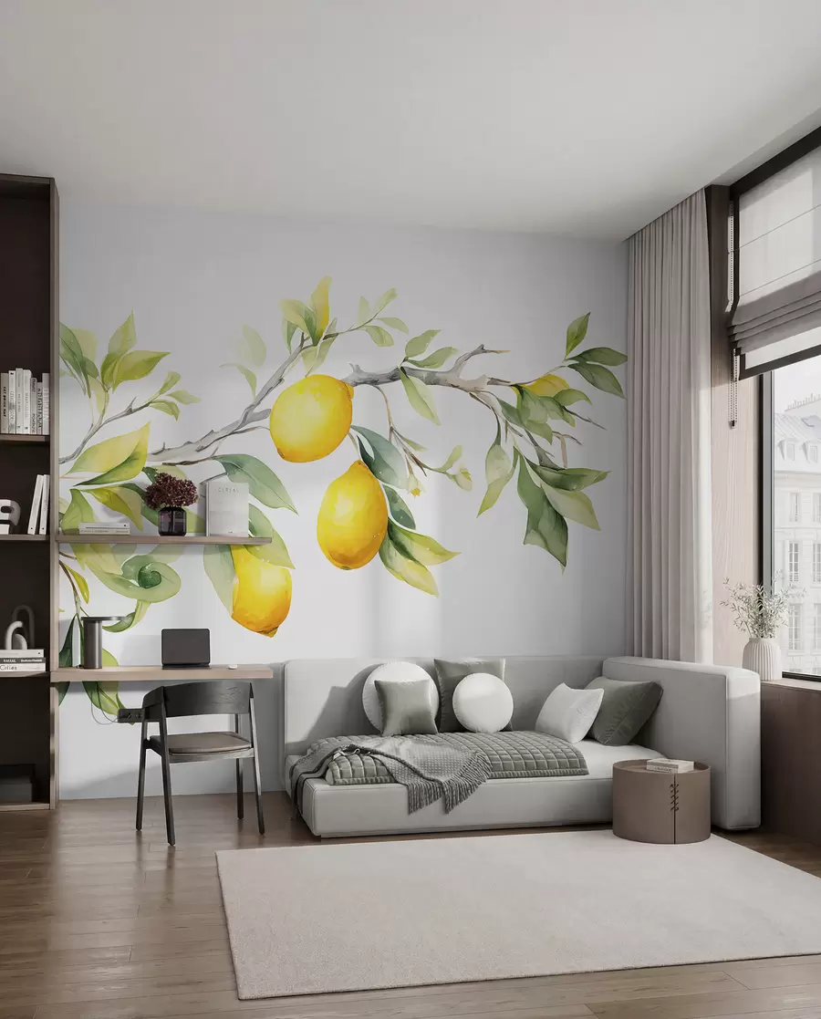 murales de pared Rama de acuarela con hojas y frutos de limón w08096