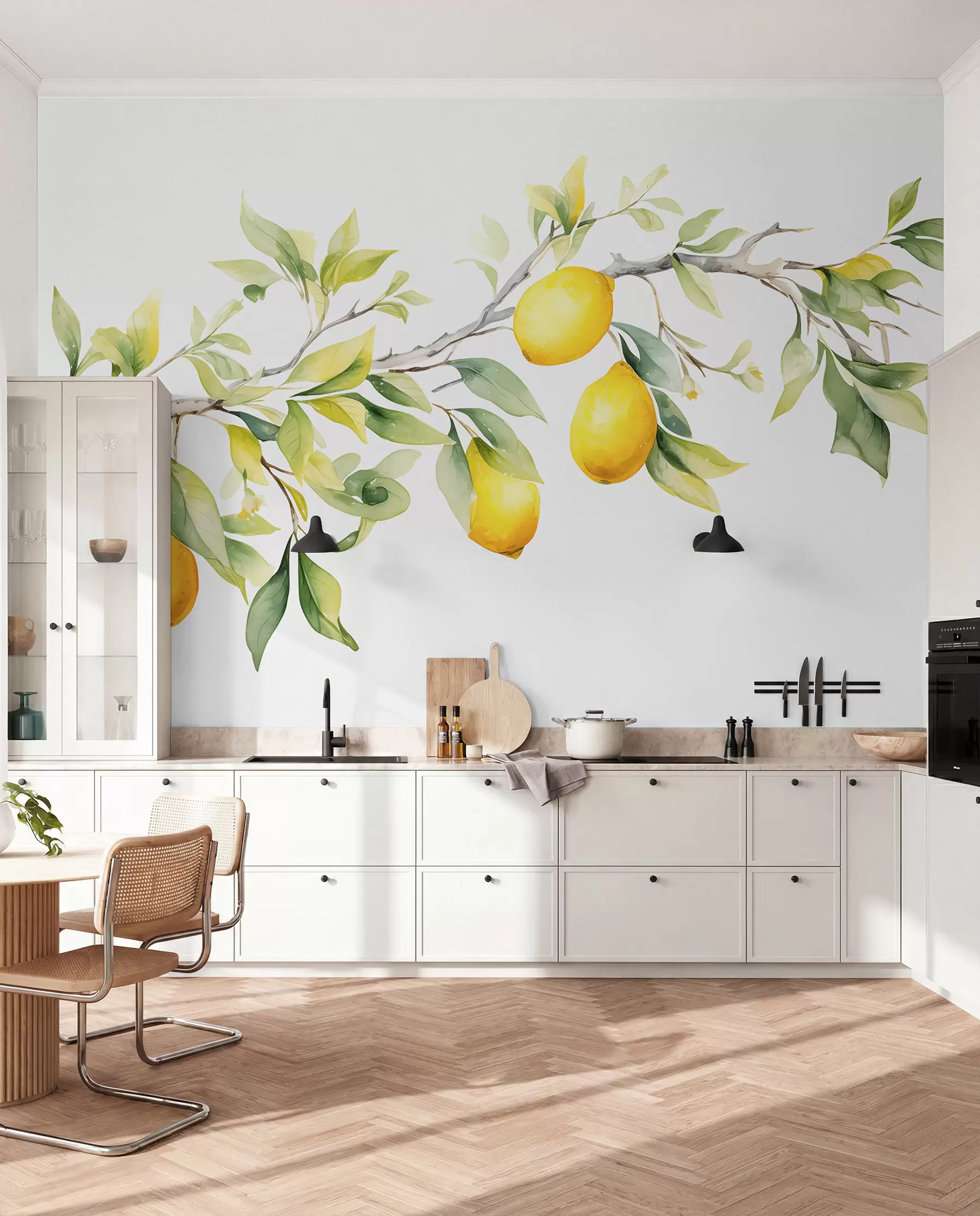 murales de pared Rama de acuarela con hojas y frutos de limón w08096