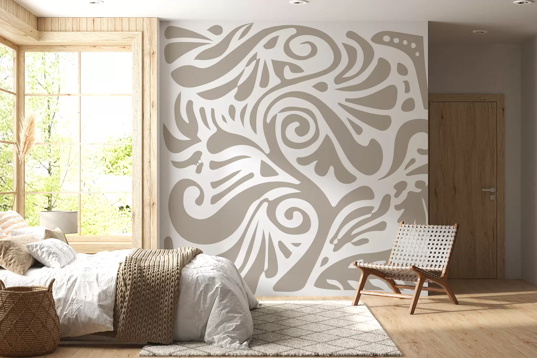 murales de pared papel pintado de arte abstracto beige con grandes motivos florales en estilo boho w08139v3