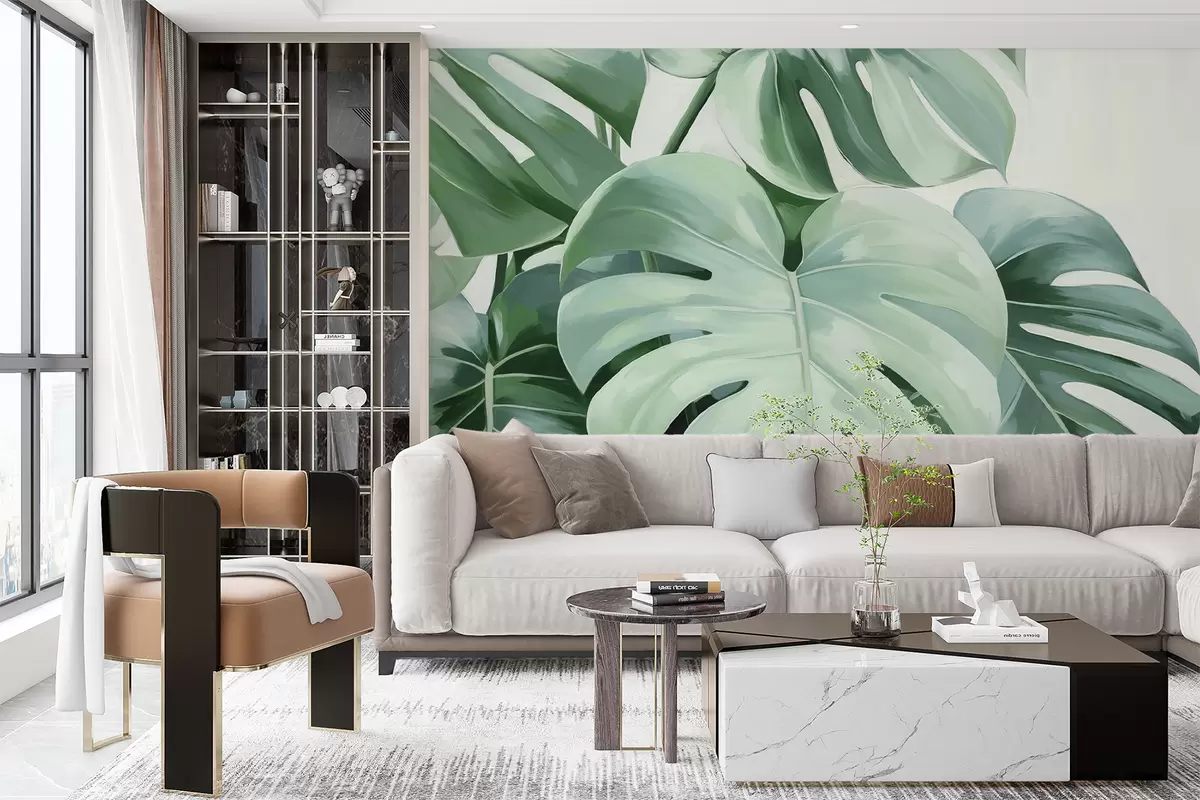 murales de pared Grandes hojas verdes de monstera tropical. w08116