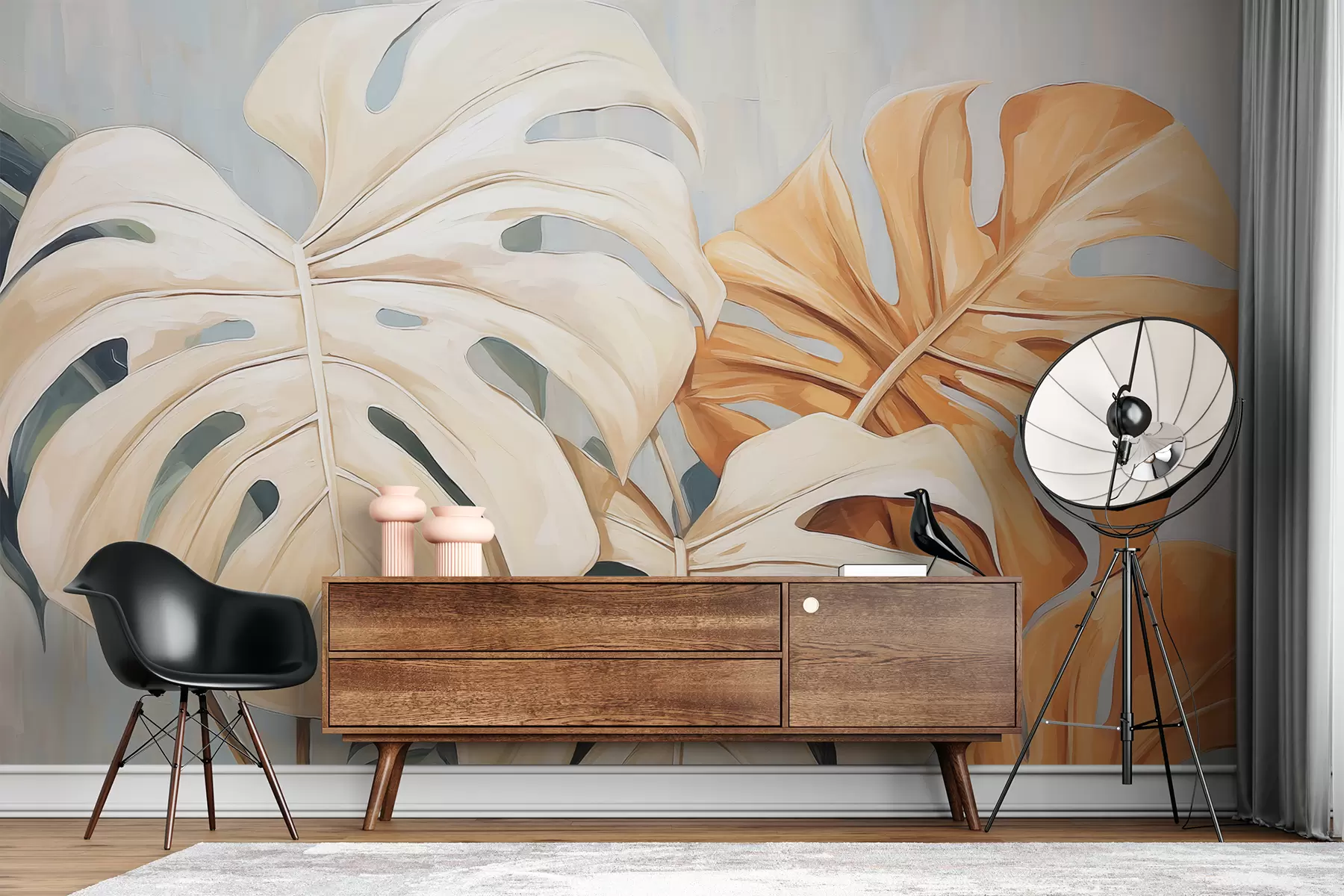 murales de pared Hojas de monstera, color azul, blanco, naranja. w08124