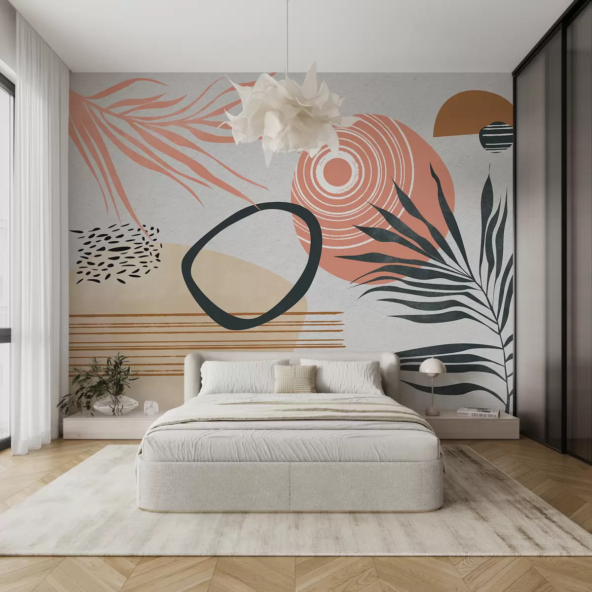 murales de pared Abstracción geométrica con ramas de palma, estilo boho, mancha, rosa, azul, gris, textura de pared w08133