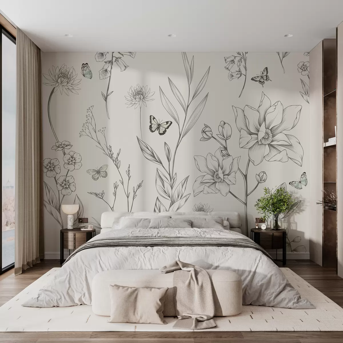 murales de pared Boho flores y mariposas monocromáticas. w08088