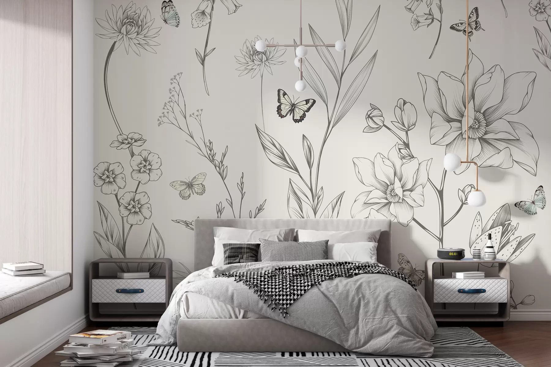 murales de pared Boho flores y mariposas monocromáticas. w08088