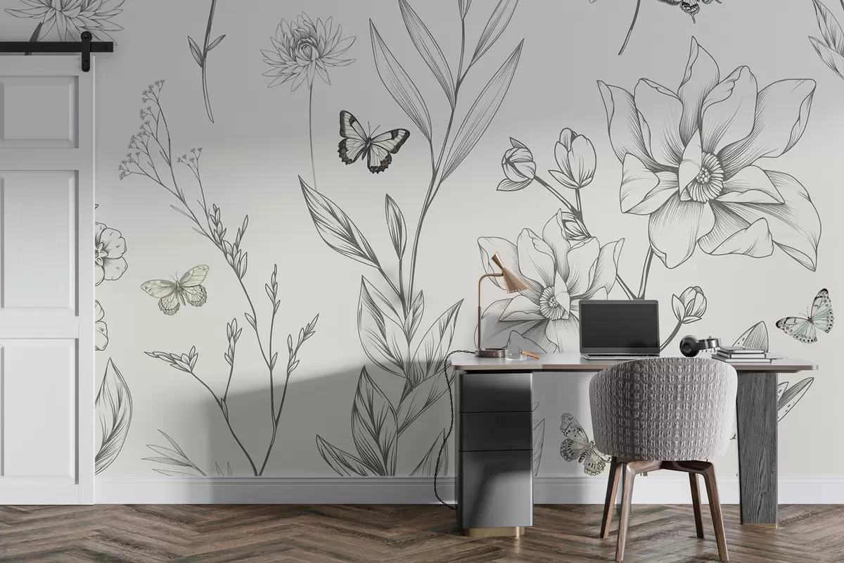 murales de pared Boho flores y mariposas monocromáticas. w08088