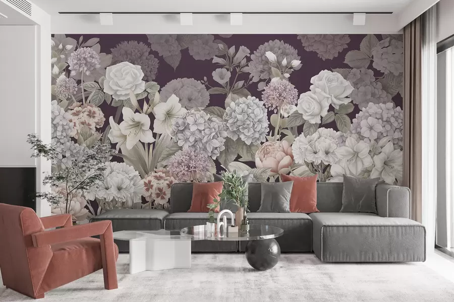 murales de pared Mágico jardín de verano sobre un fondo carmesí w08140v2