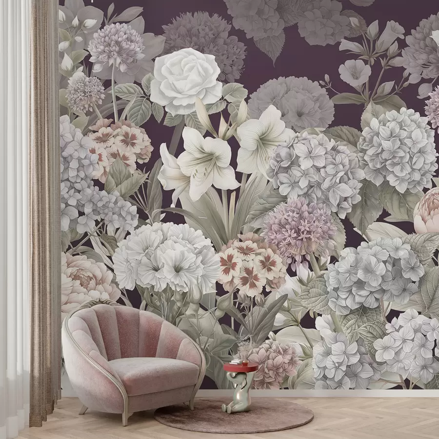 murales de pared Mágico jardín de verano sobre un fondo carmesí w08140v2