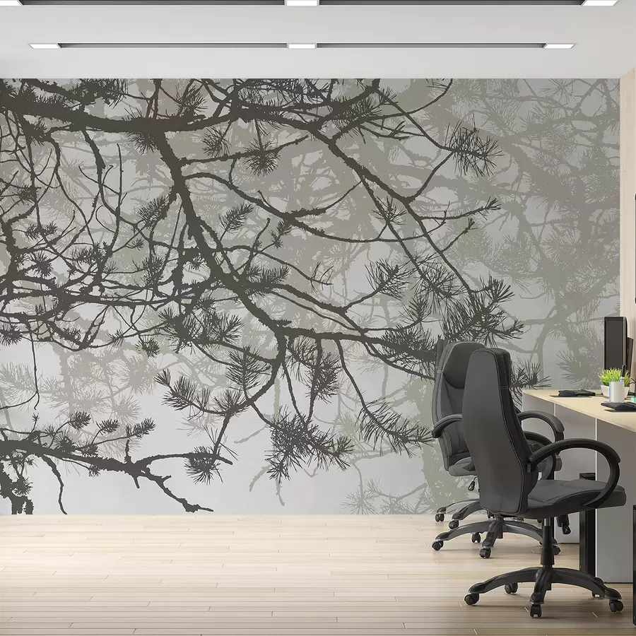 murales de pared ramas de un gran árbol en tonos grises w08166